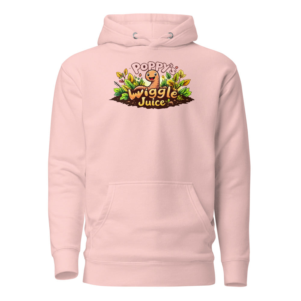 Poppy's Wiggle Juice pullover hoodie in light pink, front view, with the Poppy the worm logo