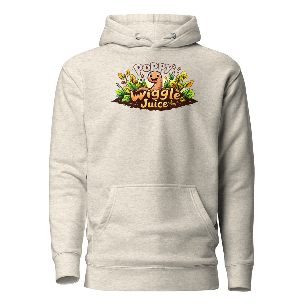 Poppy's Wiggle Juice pullover hoodie in oatmeal heather, front view, with the Poppy the worm logo