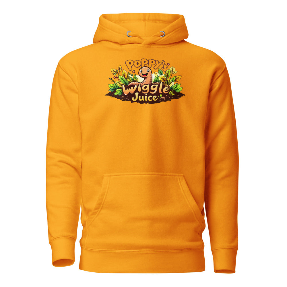 Poppy's Wiggle Juice pullover hoodie in team gold, front view, with the Poppy the worm logo