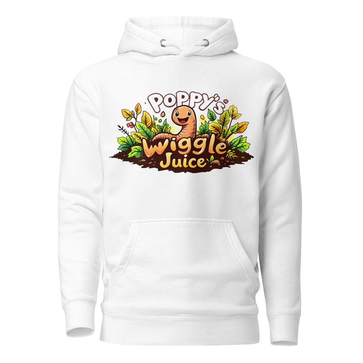 Poppy's Wiggle Juice pullover hoodie in white, front view, with the Poppy the worm logo