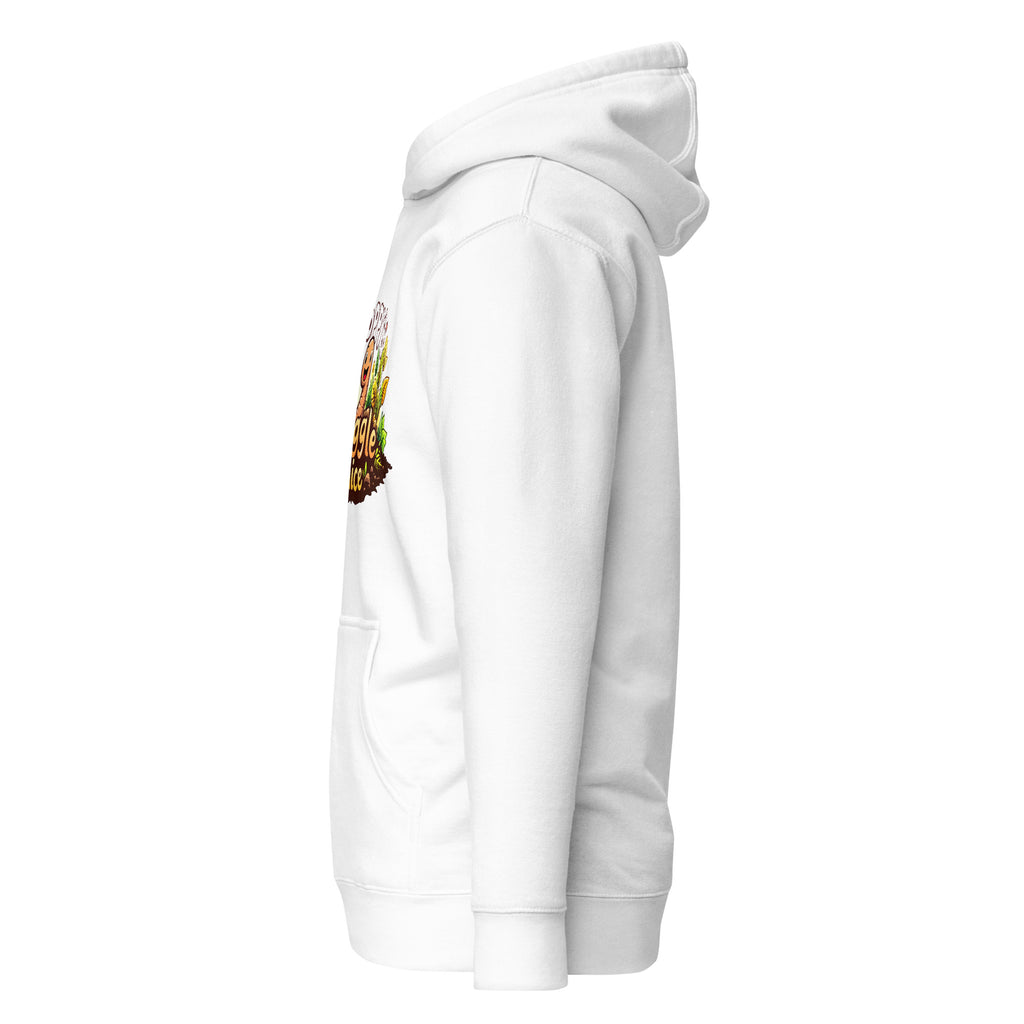 Poppy's Wiggle Juice pullover hoodie in white, left view