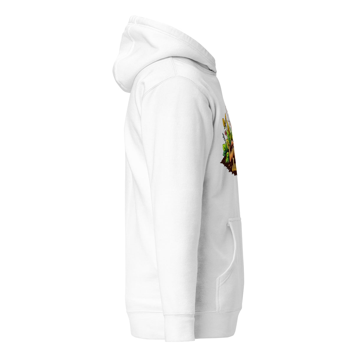 Poppy's Wiggle Juice pullover hoodie in white, right view