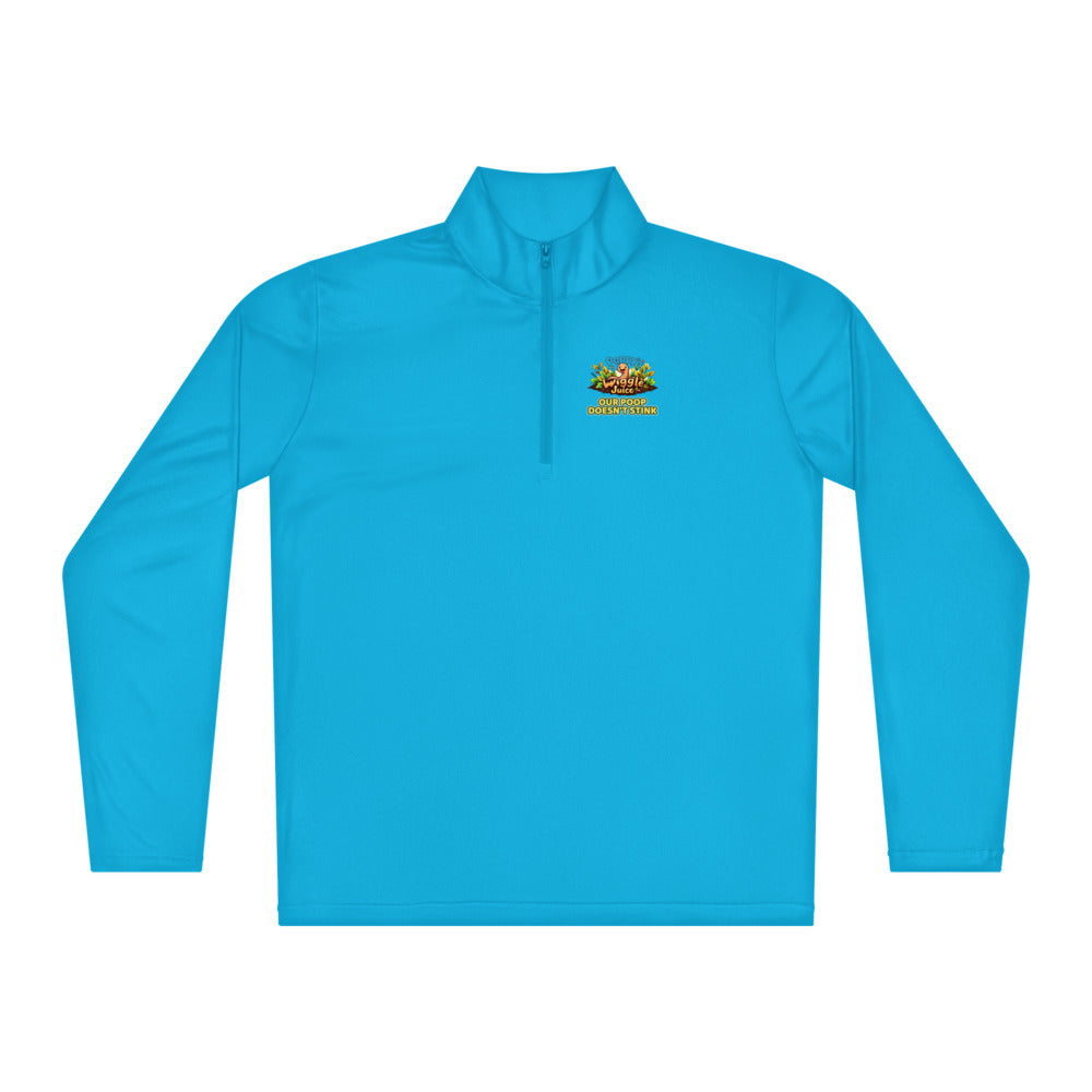 Poppy's Wiggle Juice lightweight quarter-zip pullover in atomic blue, back view