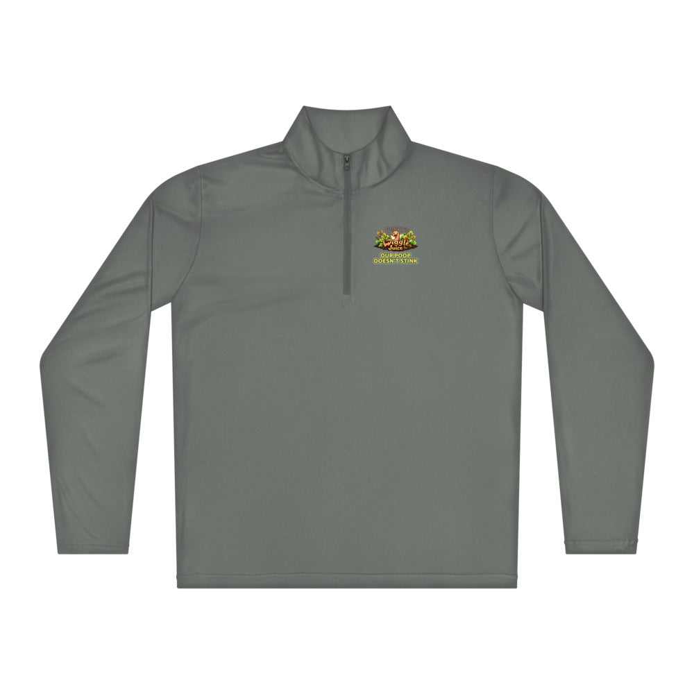 Poppy's Wiggle Juice lightweight quarter-zip pullover in grey concrete, back view
