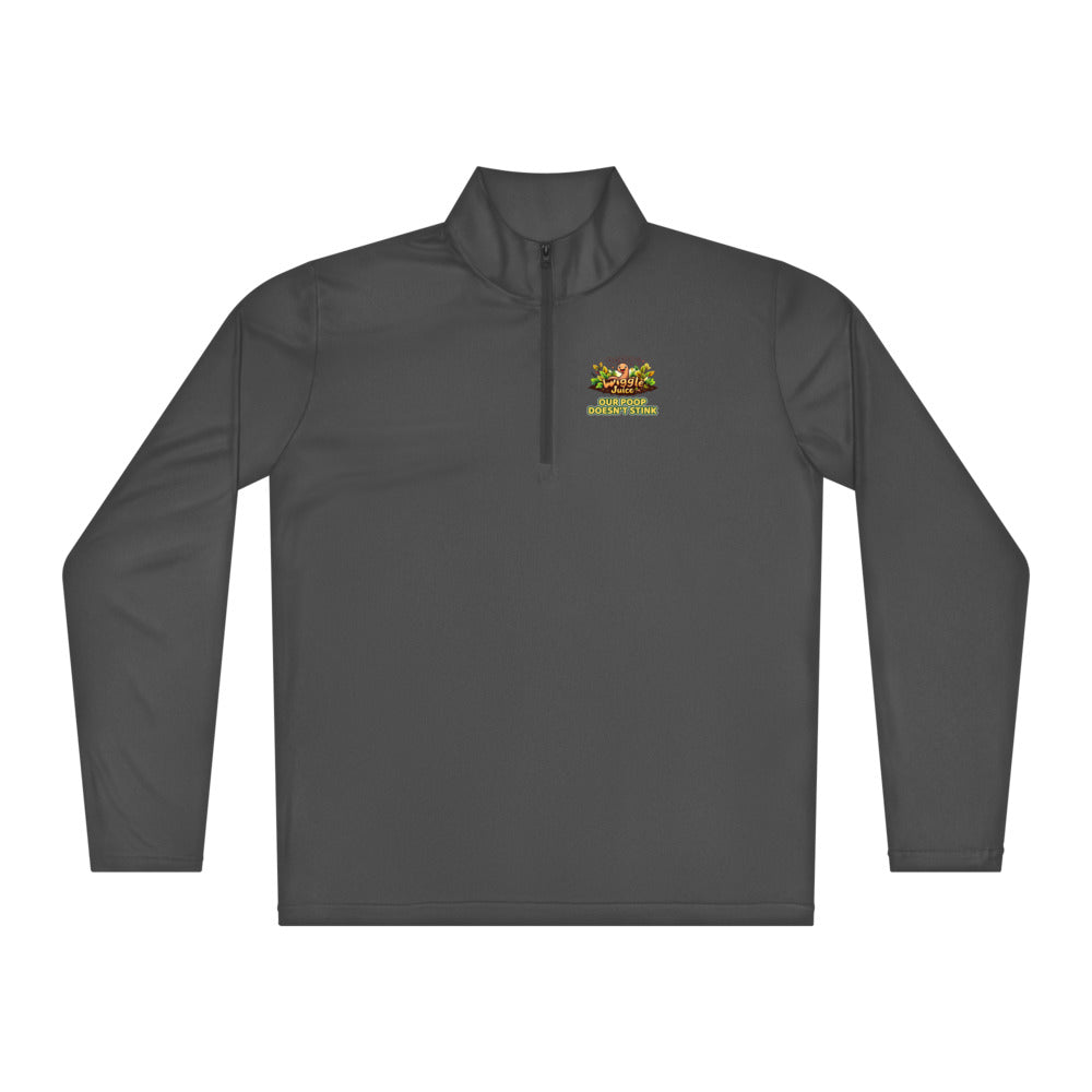 Poppy's Wiggle Juice lightweight quarter-zip pullover in iron grey, front view, with the Poppy the worm logo