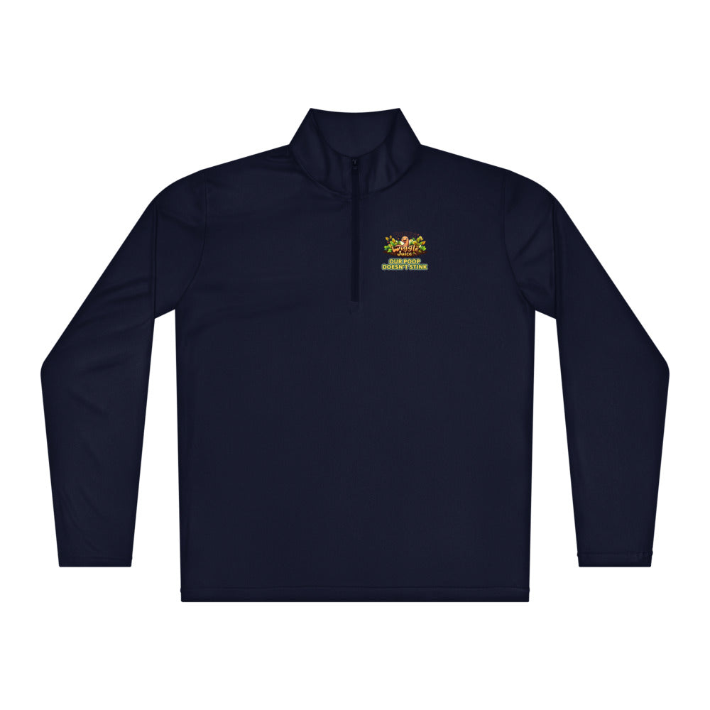 Poppy's Wiggle Juice lightweight quarter-zip pullover in true navy, front view, with the Poppy the worm logo