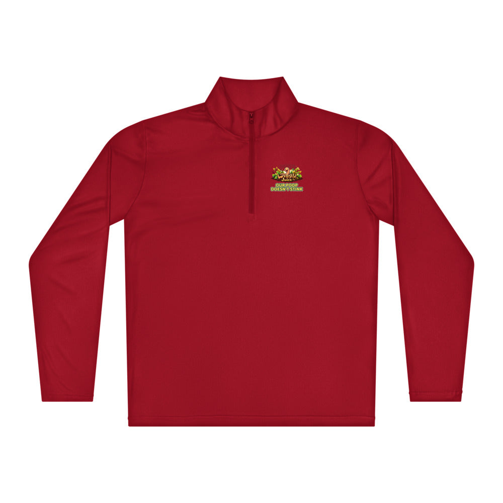 Poppy's Wiggle Juice lightweight quarter-zip pullover in true red, back view