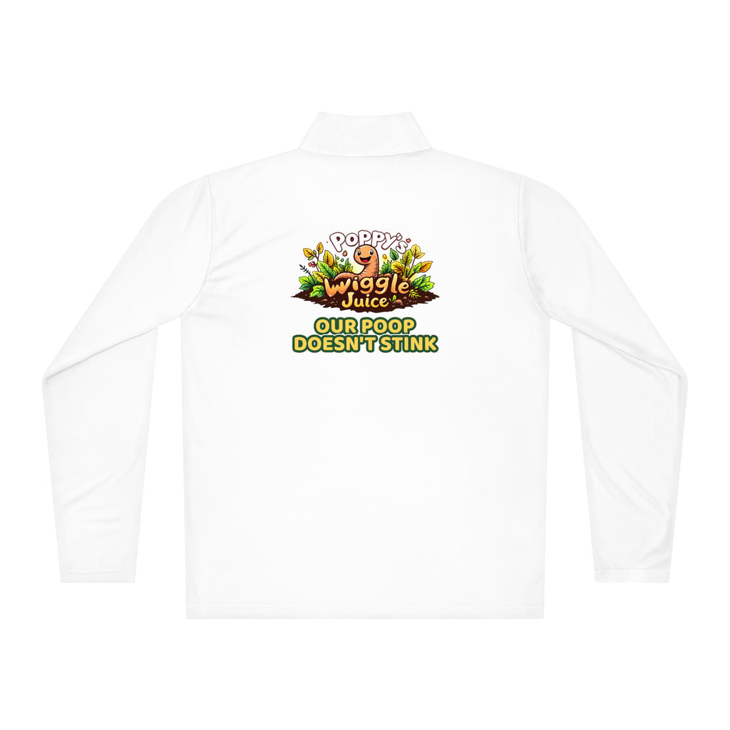 Poppy's Wiggle Juice lightweight quarter-zip pullover in white, back view