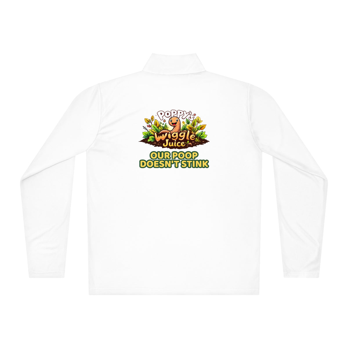 Poppy's Wiggle Juice lightweight quarter-zip pullover in white, back view