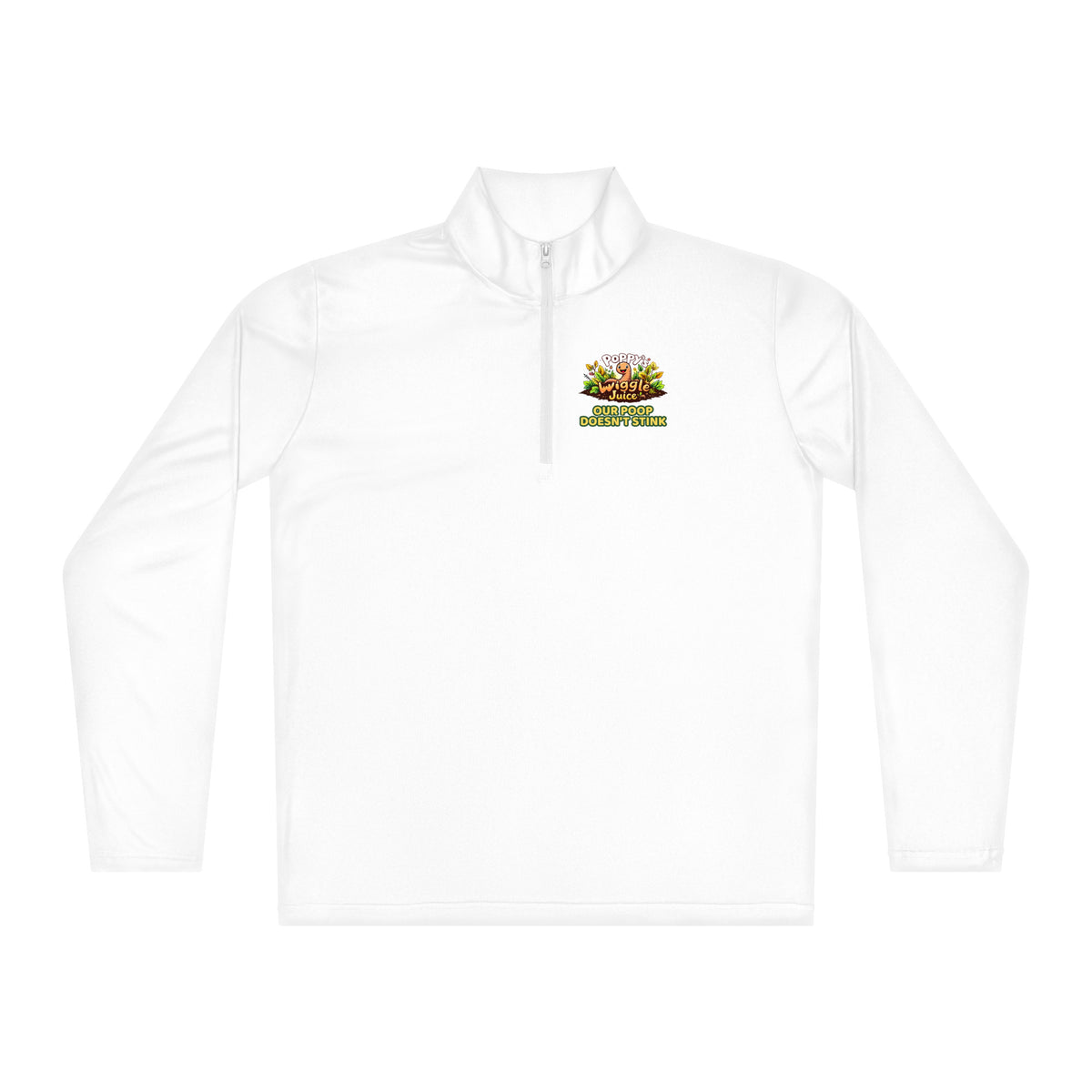 Poppy's Wiggle Juice lightweight quarter-zip pullover in white, front view, with the Poppy the worm logo