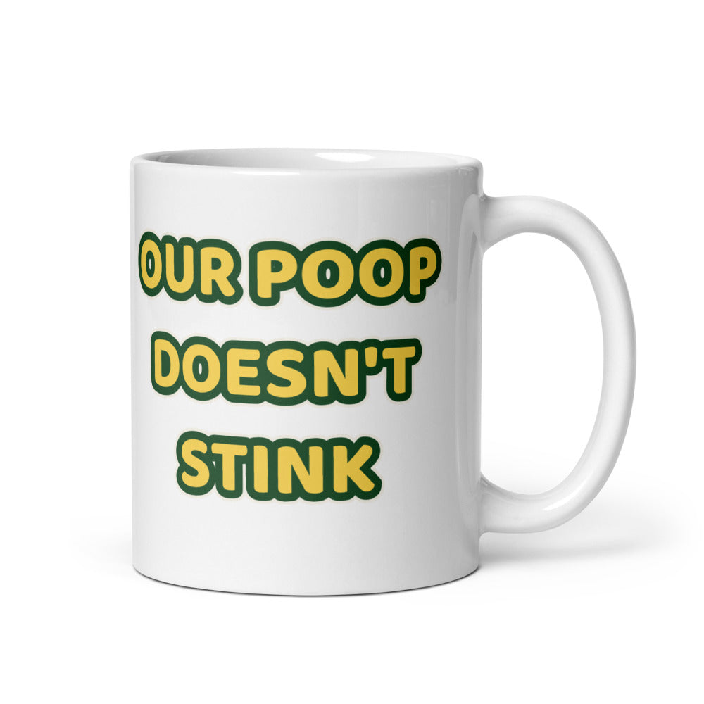 Poppy's Wiggle Juice 11 oz white ceramic mug in white, with the Poppy's Wiggle Juice logo