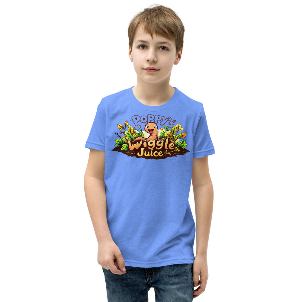 Poppy's Wiggle Juice youth tee in heather columbia blue, with the Poppy's Wiggle Juice logo