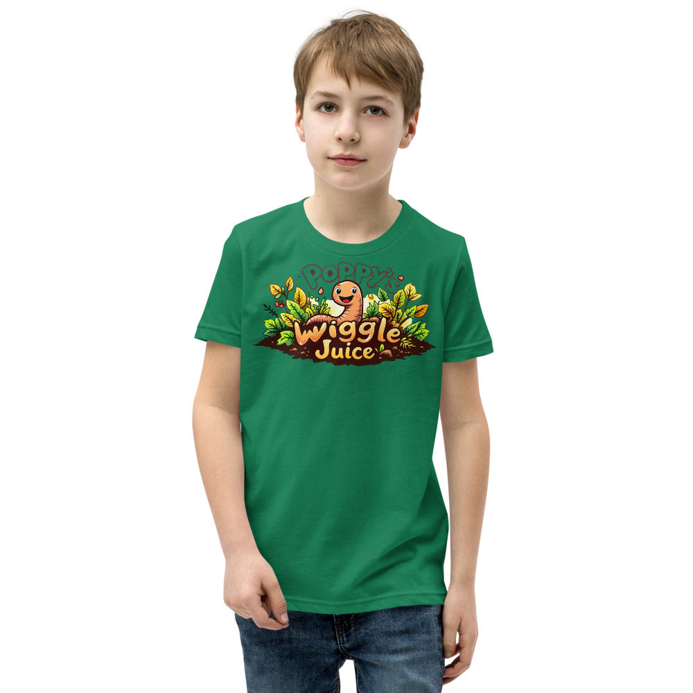 Poppy's Wiggle Juice youth tee in kelly, with the Poppy's Wiggle Juice logo
