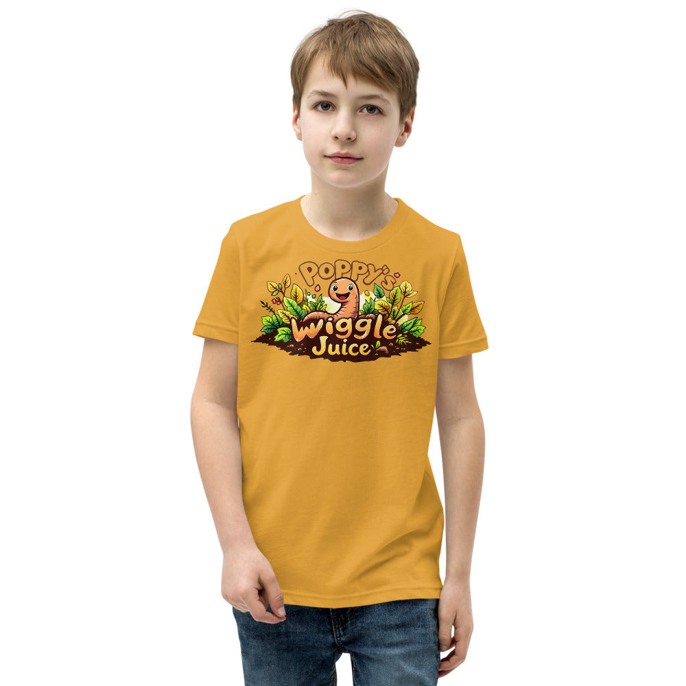 Poppy's Wiggle Juice youth tee in mustard, with the Poppy's Wiggle Juice logo