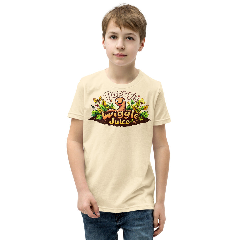 Poppy's Wiggle Juice youth tee in natural, with the Poppy's Wiggle Juice logo