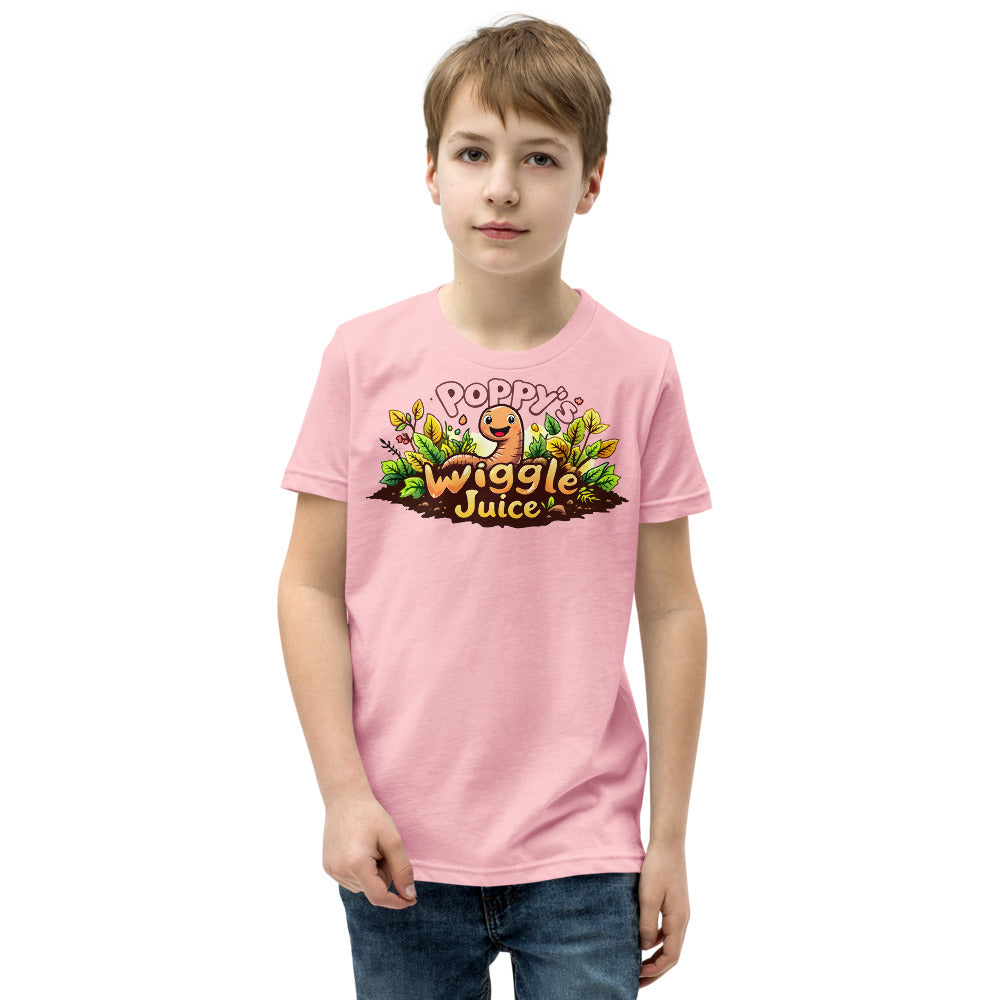 Poppy's Wiggle Juice youth tee in pink, with the Poppy's Wiggle Juice logo