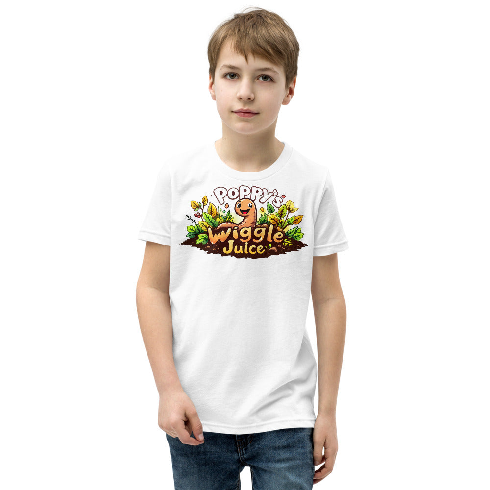 Poppy's Wiggle Juice youth tee in white, with the Poppy's Wiggle Juice logo
